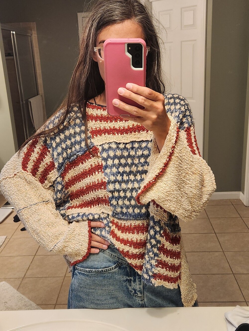 Free People Oversized American Flag Slouchy Sweater Size Large - Picture 4 of 10